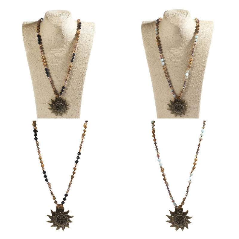 Vintage Bohemian Style Necklace Featuring 8mm Natural Stone and Glass Beads Unique Sun Pendant Neckchain for Women