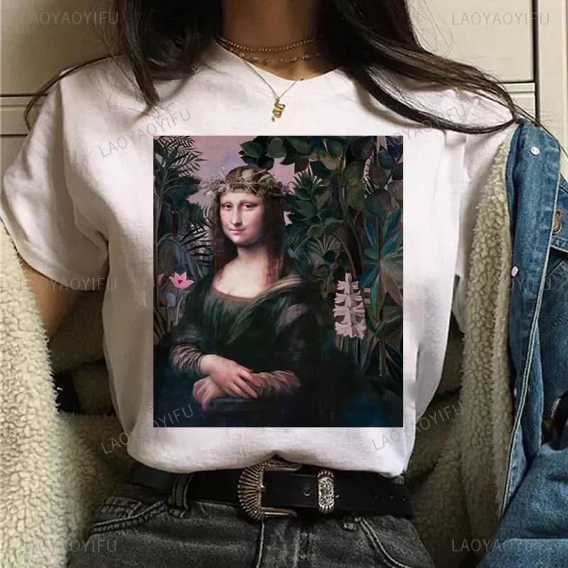 Vintage Humor Mona Lisa Print Women Fashion Top Funny Rose Mona Lisa T-Shirt Classic Camise Breathable Short-sleev