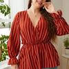 V-neck Striped Print Pullover Shirt for Women Long Ruffed Sleeve Peplum Loose Summer T-shirt Casual Commute Fashion Shirt Breathable Lightweight Shirt