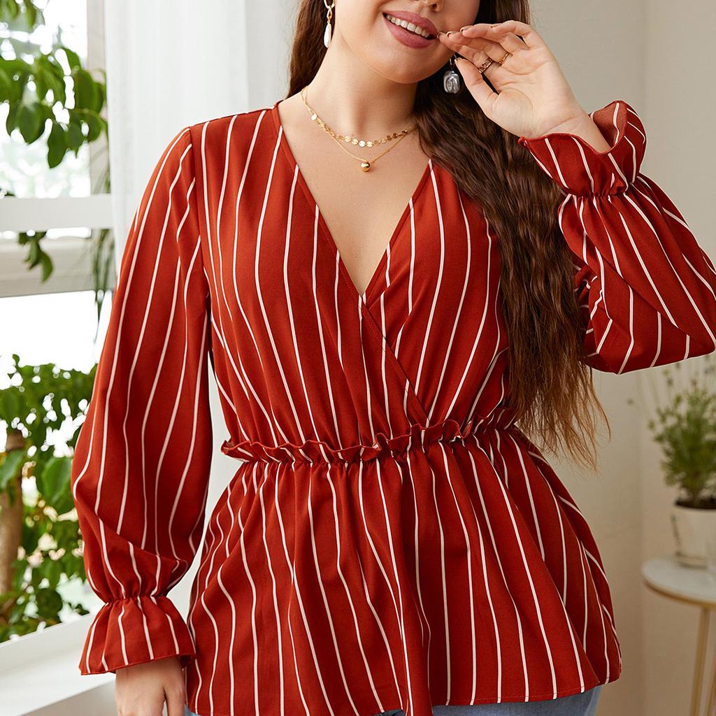 V-neck Striped Print Pullover Shirt for Women Long Ruffed Sleeve Peplum Loose Summer T-shirt Casual Commute Fashion Shirt Breathable Lightweight Shirt