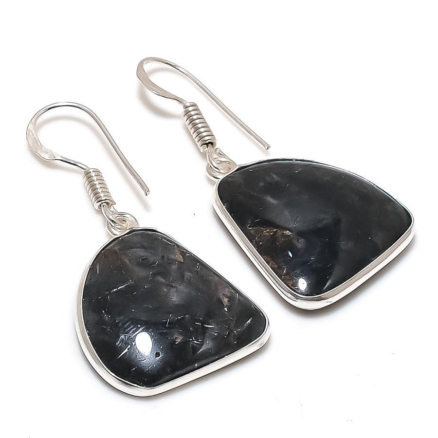 Natural Black Rutile Gemstone 925 Sterling Silver Jewelry Earring 1.58" AE-12482