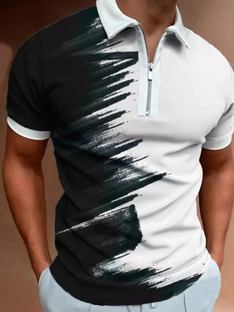 Trendy Short Sleeve Zip-Up Polo, Striped Slim Fit Casual Top