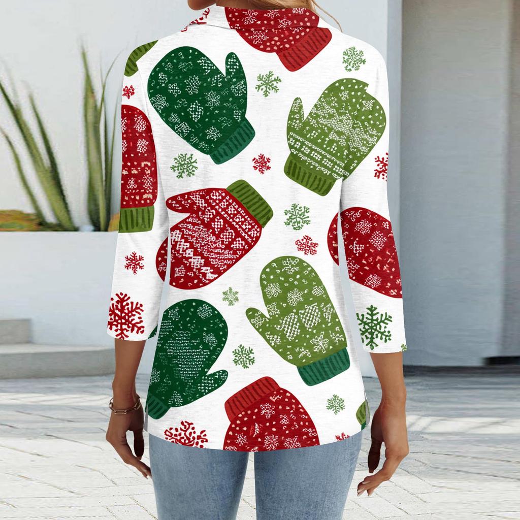 Women's Fashion Casual Button 3/4 Sleeve Vintage  Print Lapel Top