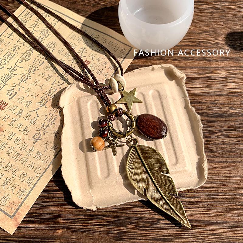 

Женское ожерелье Zen Retro с перьями - Этническая многослойная цепочка с бусинами для ключицы, длинный богемный стиль