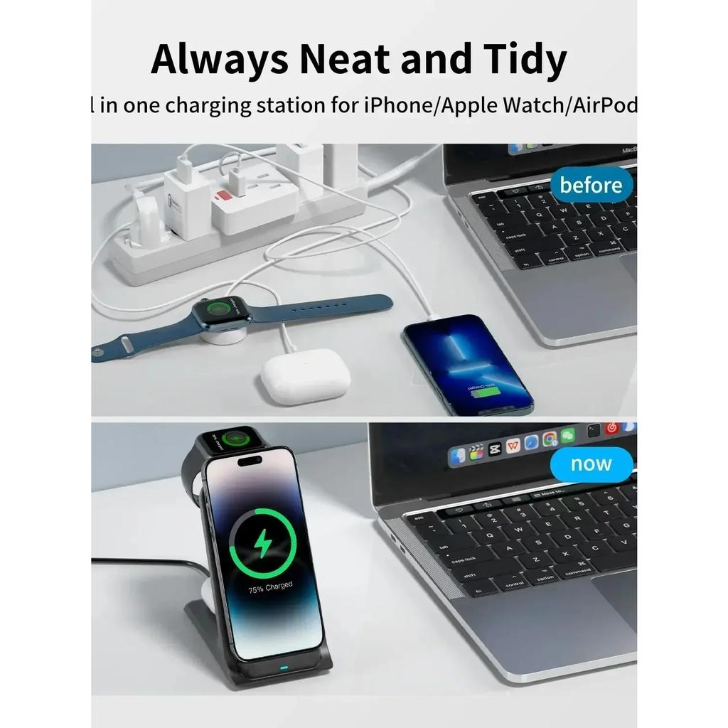 3 In 1 Wireless Charger Stand Fast Charging Station Dock For iPhone 16/15/14/13 Pro Max  iWatch 9/8/7/6/5 Airpods 3/2