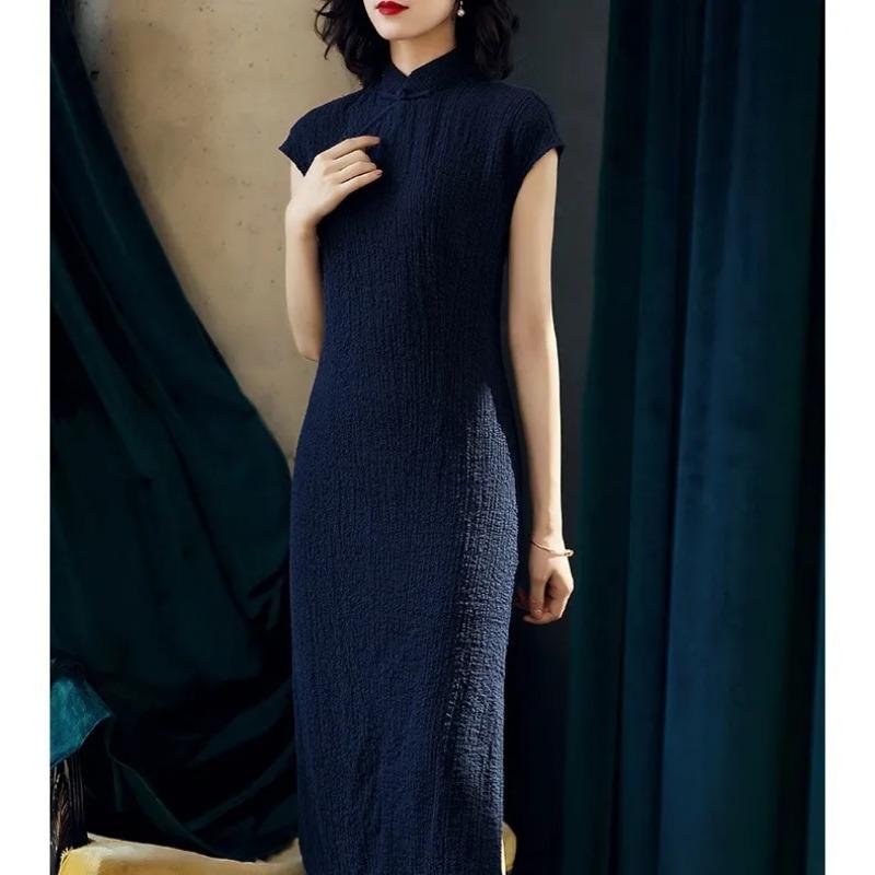 Women's Navy Blue Cheongsam Dress Mandarin Collar Cap Sleeve Side Slit Qipao Evening Gown