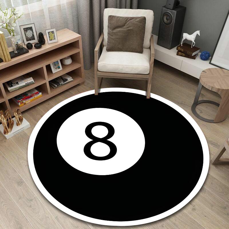 Circular Rug Black Eight Ball Billiards Pool Icon Minimalist Man Cave Decor