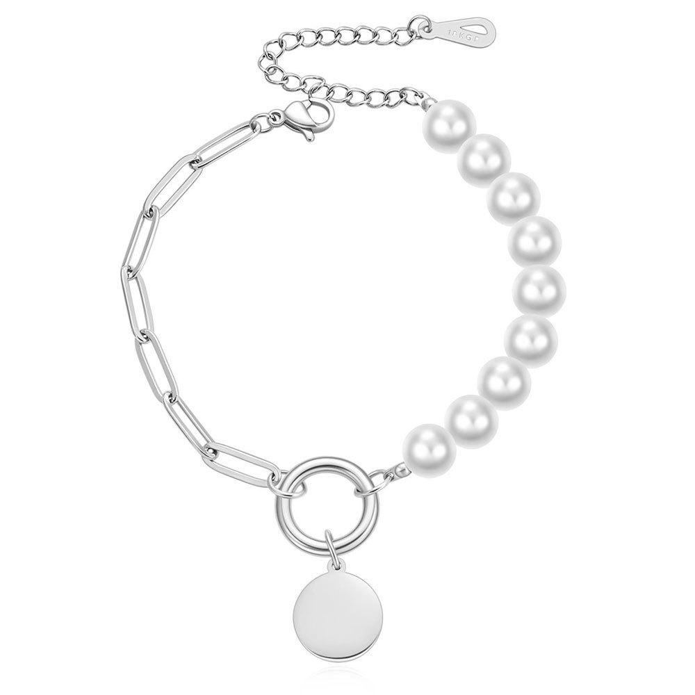 European & American Simple Faux Pearl Tag Pendant Bracelet with Laser-Engraved Logo