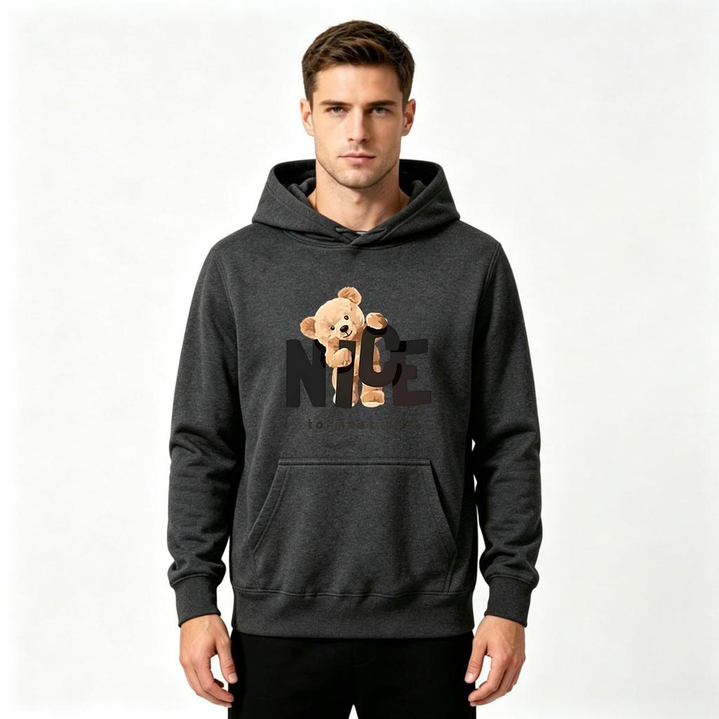 Men's Casual Long Sleeve Hoodie, Cute Cartoon Teddy Bear NICE Letter Graphic Print Loose Fit Hooded Sweatshirt Adult Daily Streetwear Pullover Tops