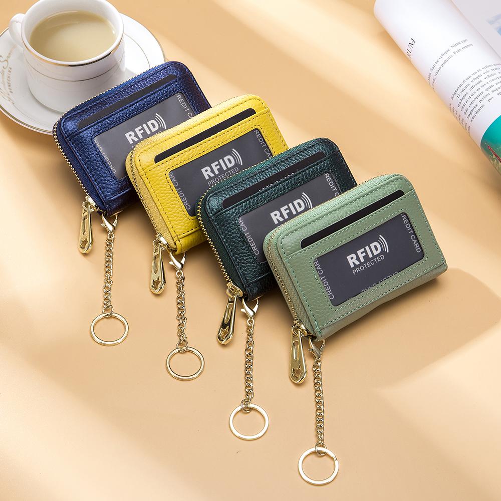 Genuine Leather Men Women Rfid Credit Card Holder Small Zipper Wallet Solid Coin Purse Key Ring ID Pocard Slot Mini Money Bag
