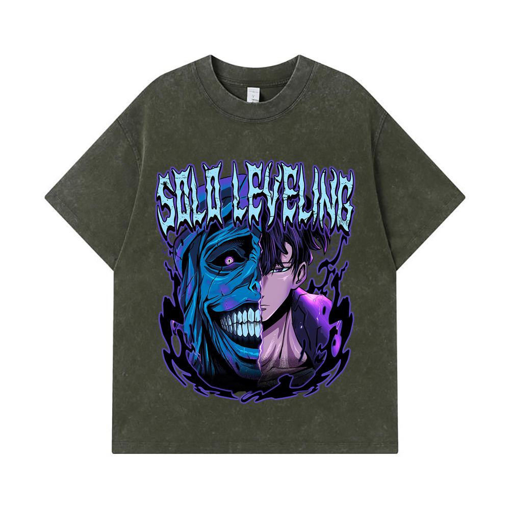 

275 GSM Washed T-shirts 100% Cotton Solo Leveling V20 Print Unisex Heavy Cotton T Shirt S