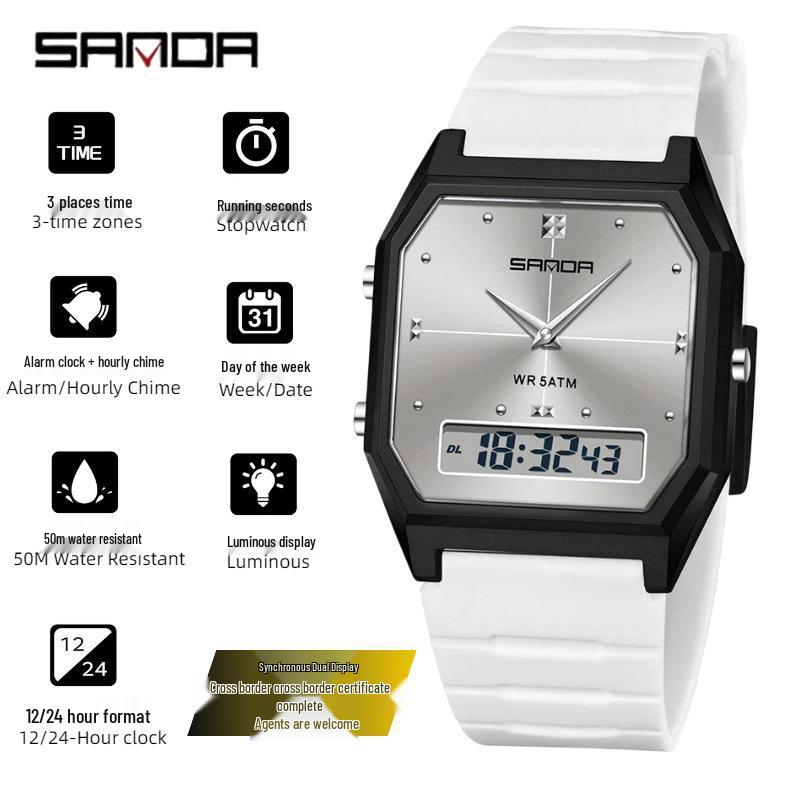 Sanda TEMU Men's Sports Watch: Hot-Selling, Waterproof, Luminous, Thin Square Design, Dual Display, Three Time Zones.