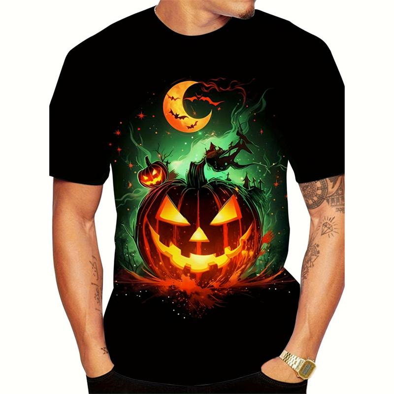 Trendy Skull Pumpkin Pattern Halloween T Shirts For Men Fashion Holiday Wear 3D Printed Crew Neck T-shirts Casual Loose Tees