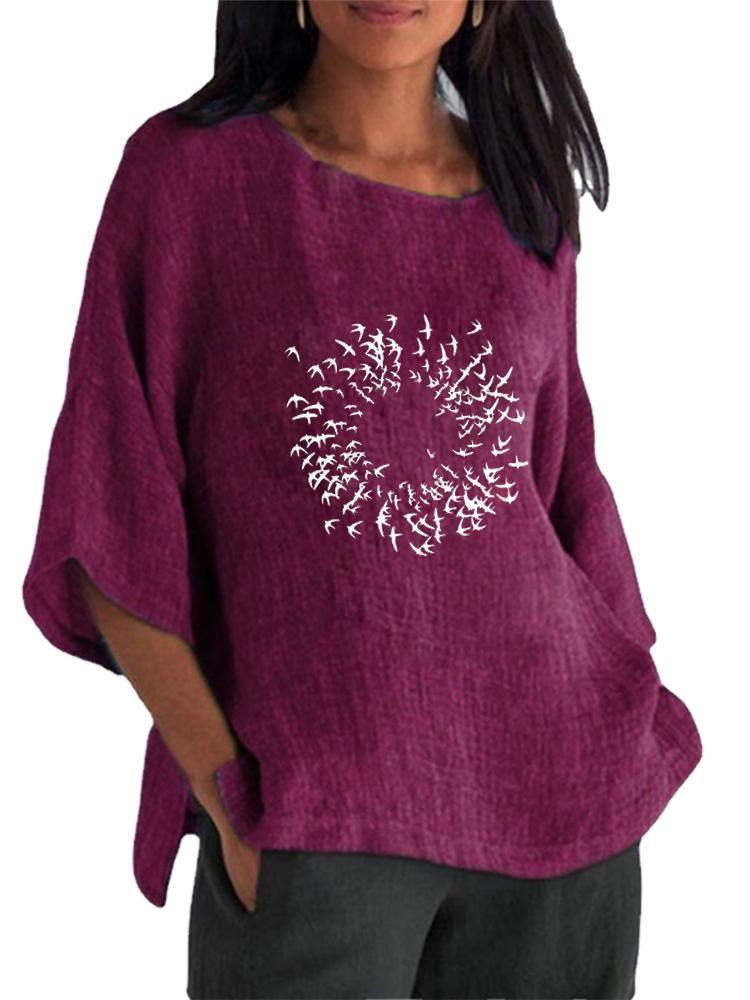 

Women Fashion Cotton Linen Blouse Spring&summer 3/4 Long Sleeve Shirt Ladies Round Collar Pullover Loose Tops 5XL