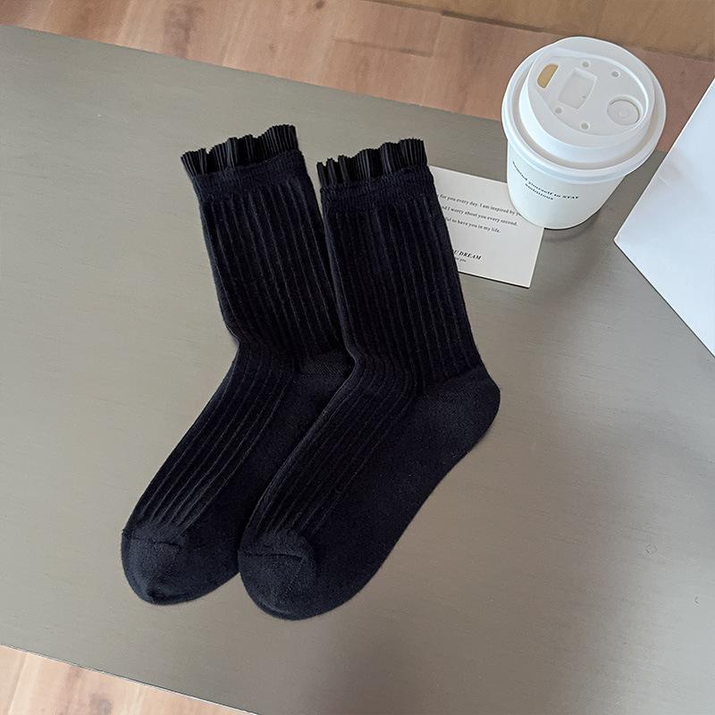 Pleated Lace Socks for Women, Sweet Mid-calf Socks for Autumn, Solid Color, Versatile, Pile Socks, White Socks