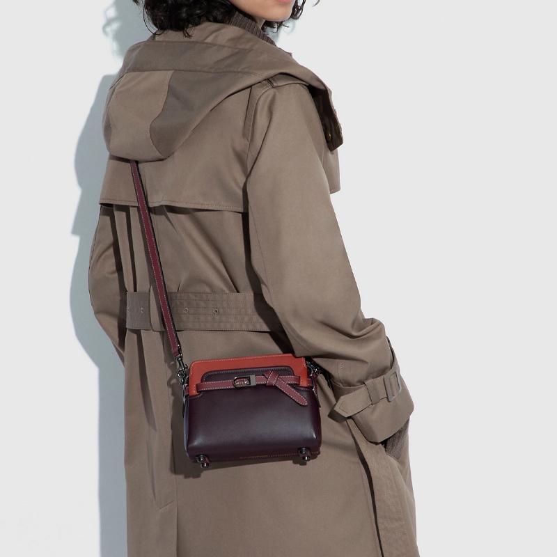 Coach Tate 18 Bow Carriage Logo Color Block Pocket Hardware Leather Handbag Women Handbag Red Dark-Brown C2632-V5FCG