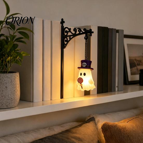 Ghost Pumpkin Bat Decoration Halloween Iron Library Lamp, Vintage Bookshelf Light with Spooky Home Decor Pendants, Reading Nook Nightlight,