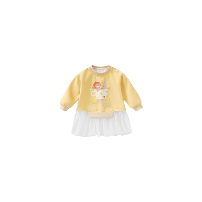 Girls  Long-Sleeved Dress, Spring and Autum Kidsren s Clothing, Kidsren s Patchwork Bunny Sweatshirt Dress, Baby Girl s Mesh Princess Dress [Mesh Sweatshirt Dress] Cute Bunny Light Yellow 80