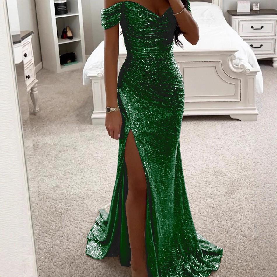 Europäisches & Amerikanisches One-Shoulder Pailletten-Schlitzkleid - Damen Freizeit Party Mode