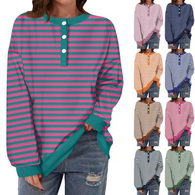 T-shirts pour femmes décontractés à la mode, confortables, à rayures, manches longues, col rond, boutonnés, décontractés, amples à l'ourlet, fente latérale