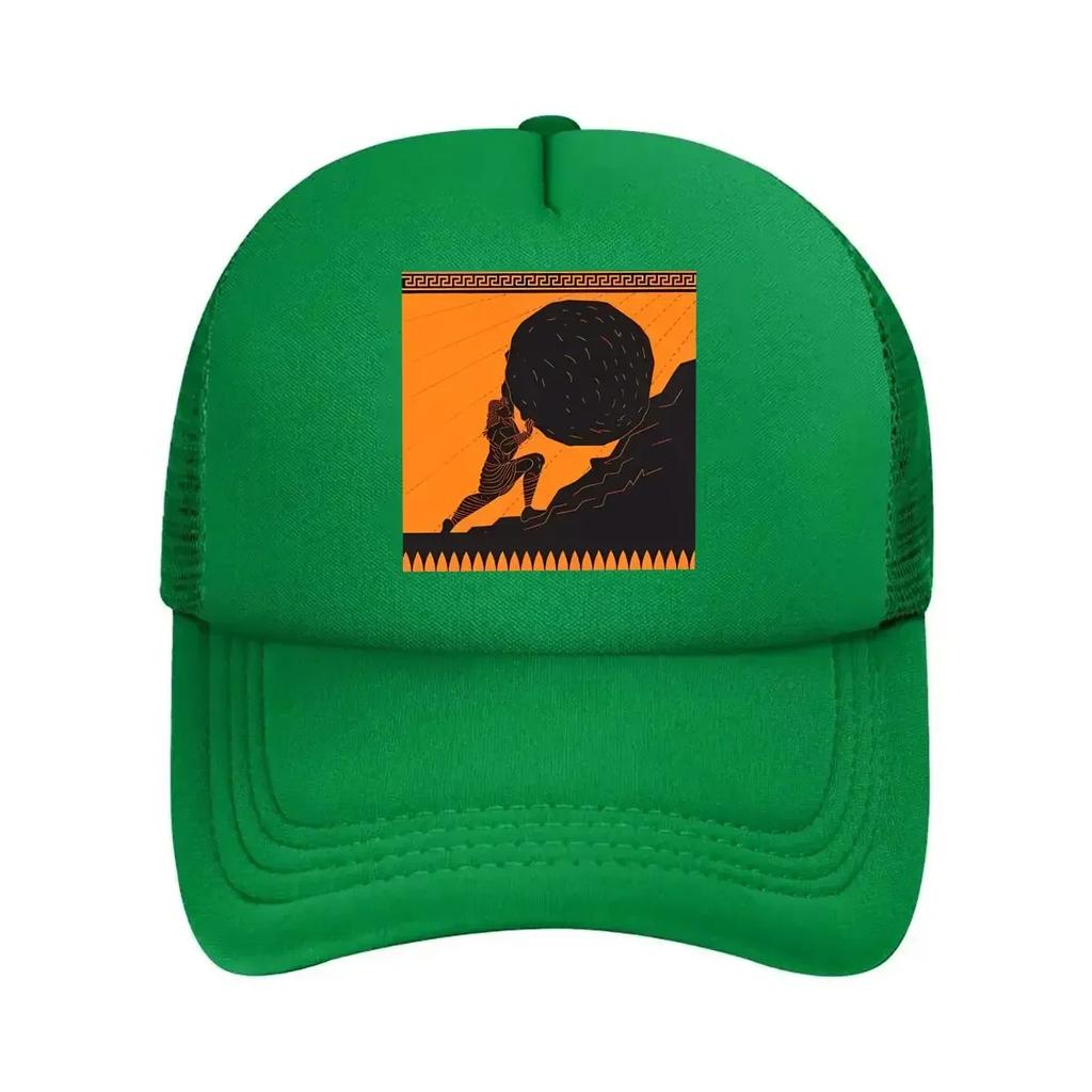Mythological Figure Pushing Boulder In Orange - Themed Art Mesh Baseball Cap