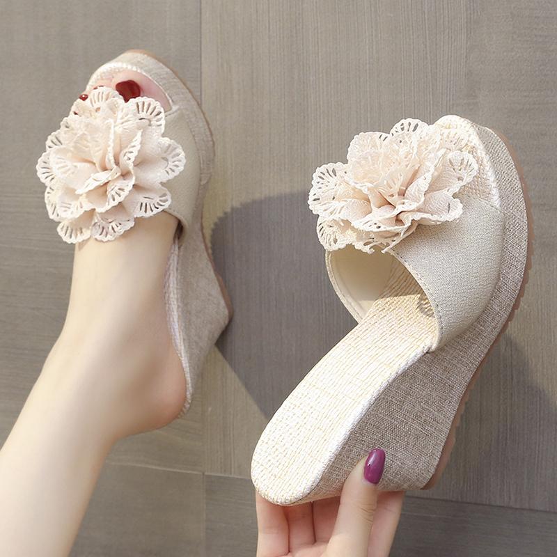 Mode Elegant Blume Mesh Dicke Sohle Keilabsatz Lässige Sandalen 2024 Bequeme und Sexy Damen High Heels Neue Vielseitige Trendschuhe