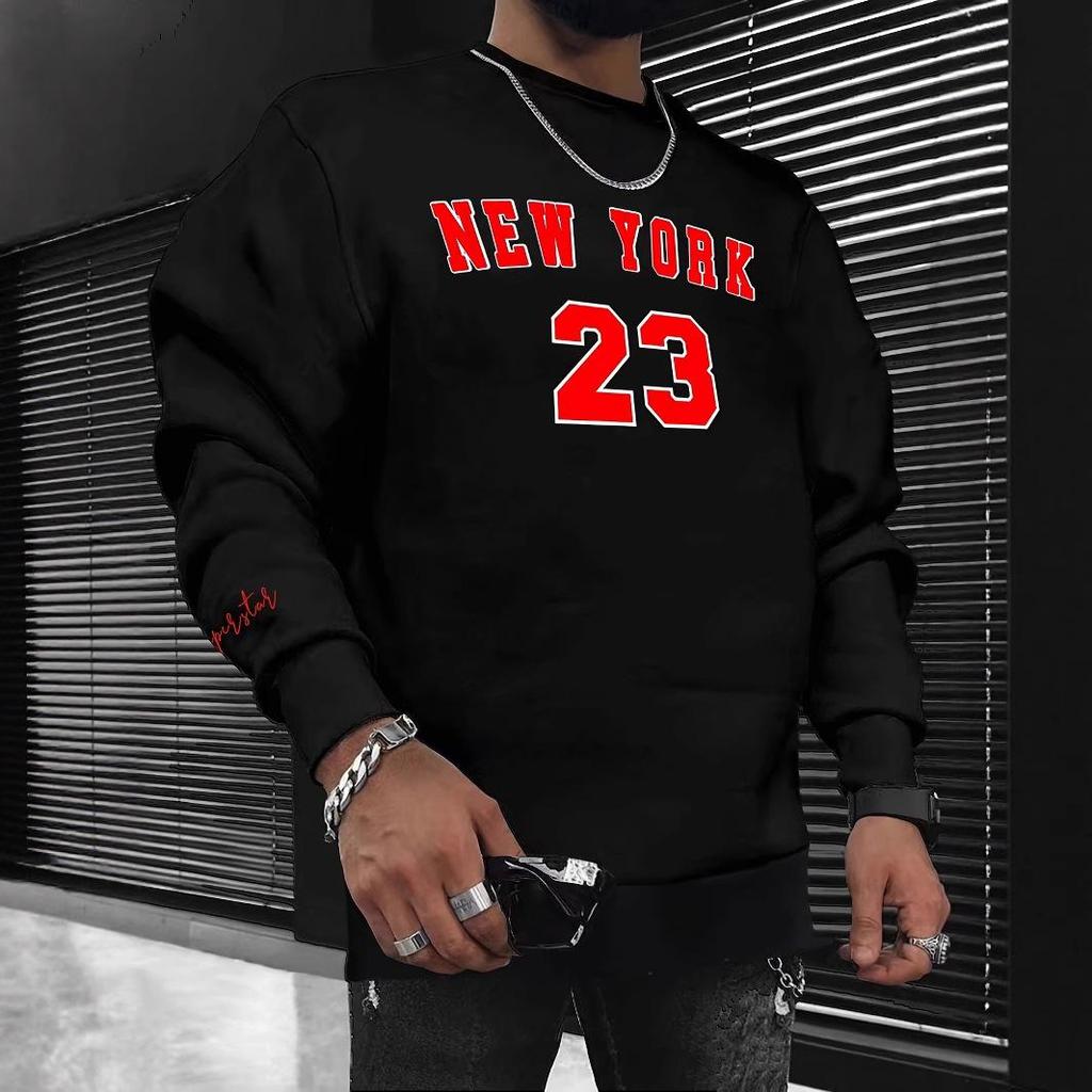 Men's Fashion Trend Casual Long Sleeve Round Neck Pullover Hoodie with Velvet Print for Winter