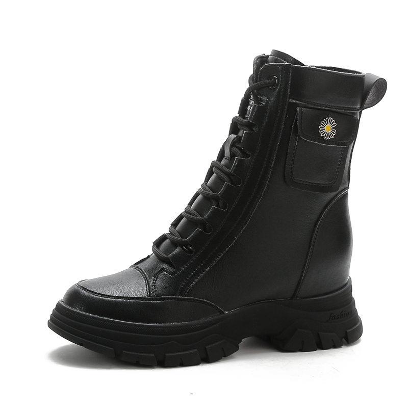 Inner Height Increasing Martin Boots Women's Fleece Warm Cotton Boots Thick-soled Lace-up Lightweight Medium Boots Autumn and Winter Snow Boots Women