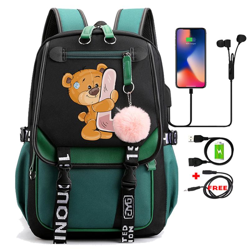 Lovely Little Bear 26 English Letters Student School Bag Backpack Outdoor Teenage Girl Cartoon Bookbag Laptop Travel Rucksack