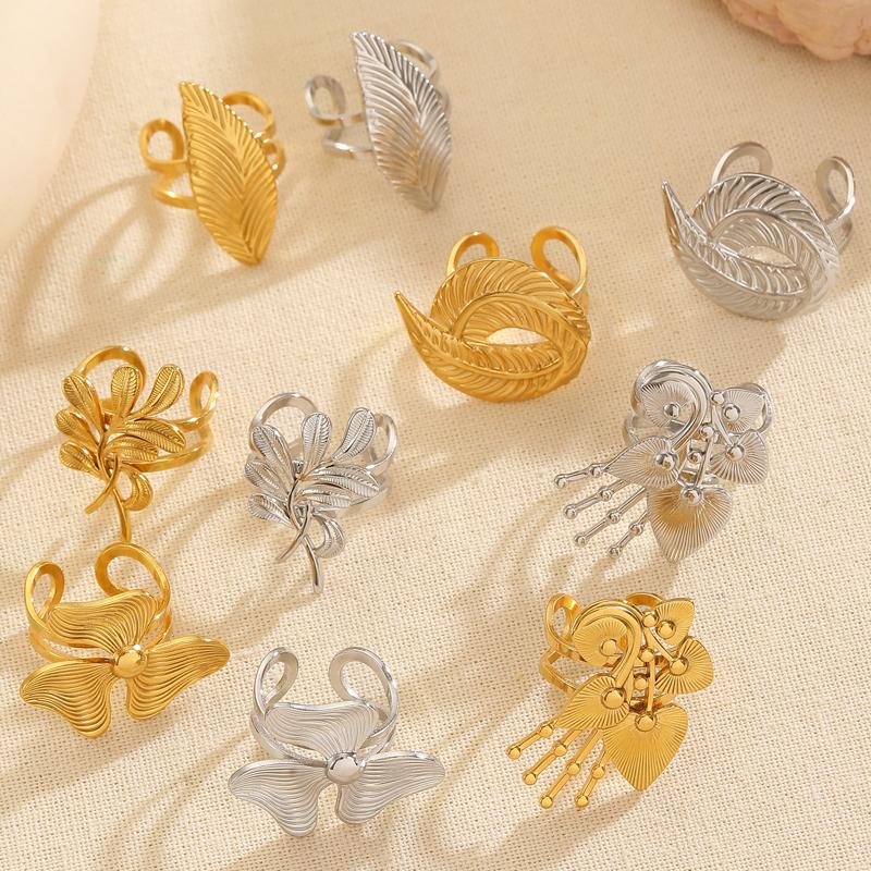 Stainless Steel Flower Irregular Adjustable Rings for Women Fashion Metal Textured Leaf Index Finger Ring Luxury Jewelry