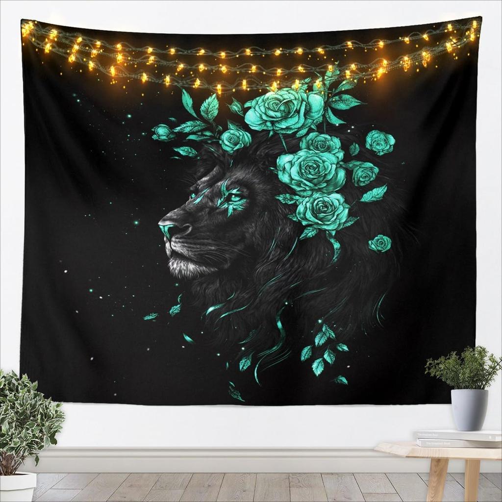 Red Rose And Lion Tapestry For Kids Boys Girls Large Black Lion Wall Art 3D Wild Animal Pattern Wall Hanging Blanket Romantic