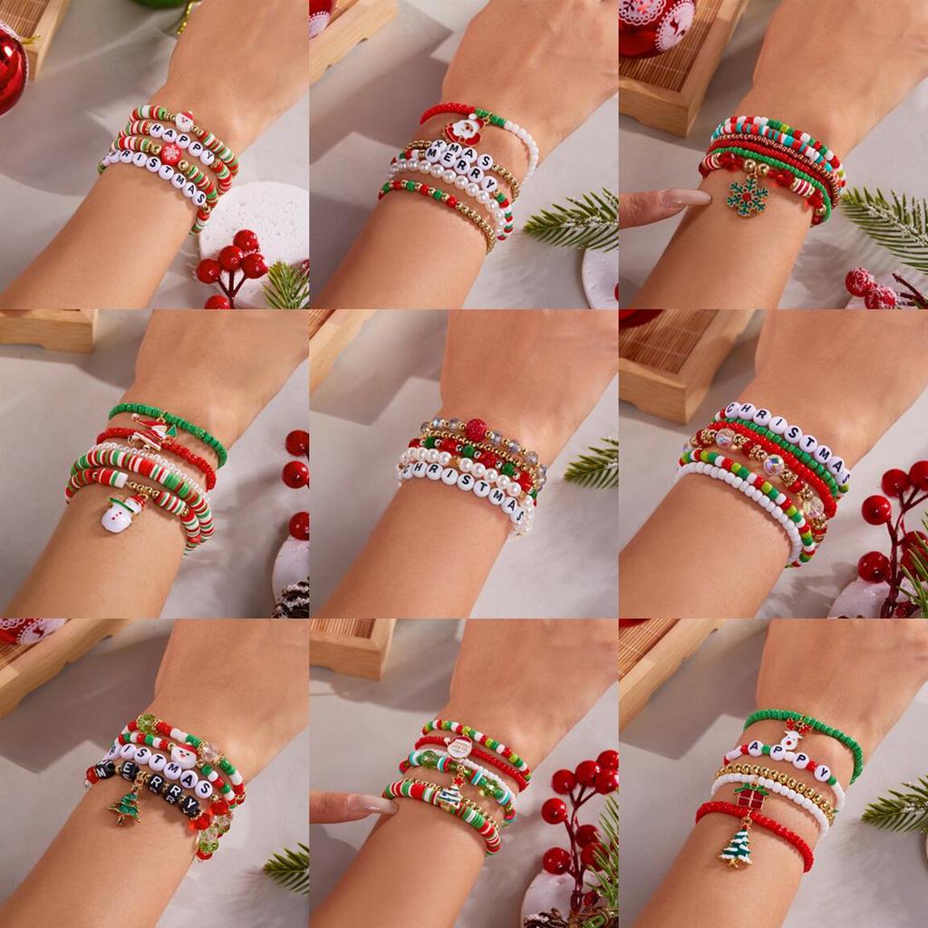 Colorful Beaded Christmas Bracelet Set For Women Men Santa Claus Snowman Snowflake Pendant Bangles New Year Party Jewelry