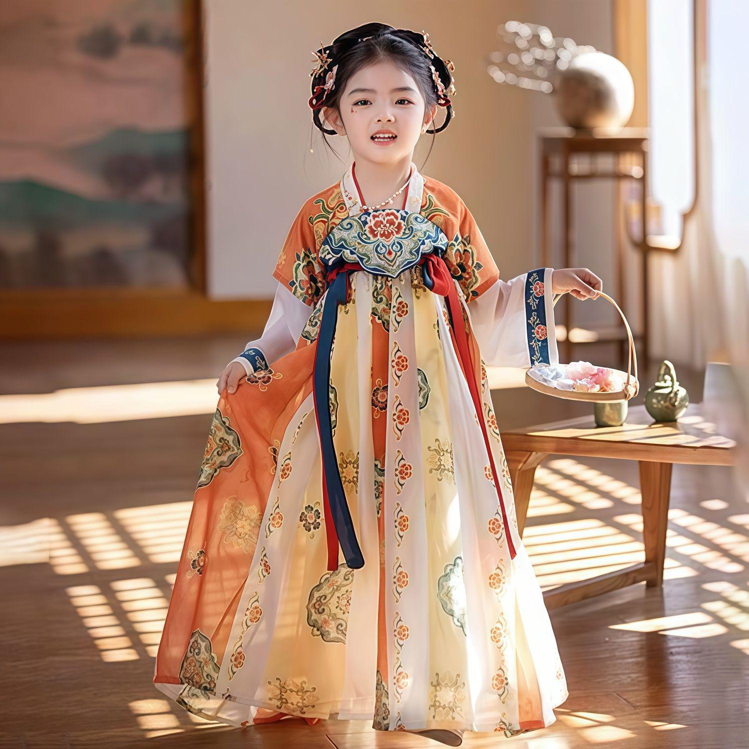 

2026 Spring/Summer Girls Hanfu Dress: Dunhuang Tang Dynasty Style Embroidered Fairy Dress for Medium/Large Children Size 150 (Recommended height 140-150cm)