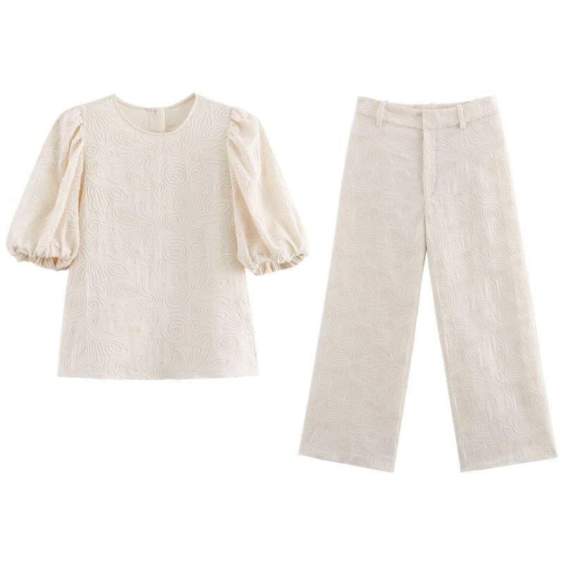 Fashion Style 2024 Summer New Arrival Women's round Neck All-Matching Slimming Embroidered Shirt Mid Waist Wide Leg Pants 4437245