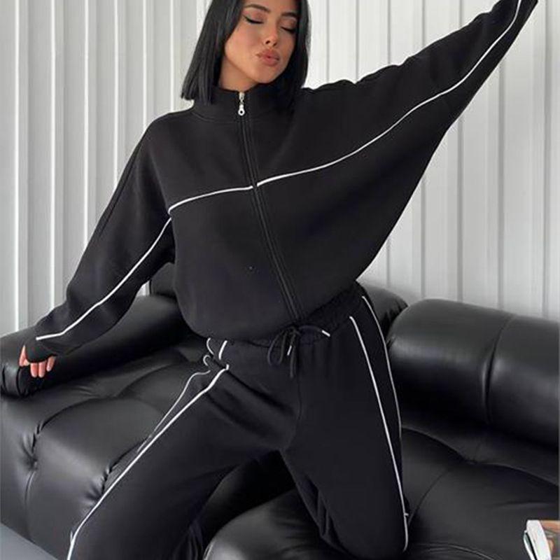 2024 New Cross-Border European and American Amazon Casual Suit Long Sleeves Half Collar Cardigan Sweatshirt Shoelace Stripes Pants Set