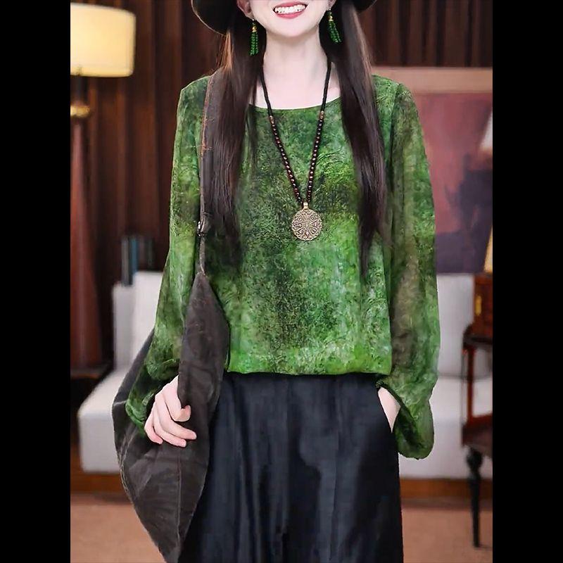

Green National Style Blooming Stylish Plus Size Women s Clothing Long Sleeves Shirt 2025 Summer Loose and Idle Fashion Tops Green M
