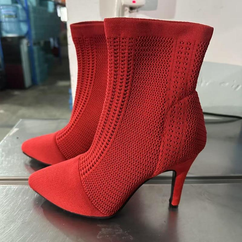 Fashion Spring New Stiletto Boots Women Fashion Pointed Mesh Fabric Breathable Back Zipper Anti-slip Wear-resistant High Heels