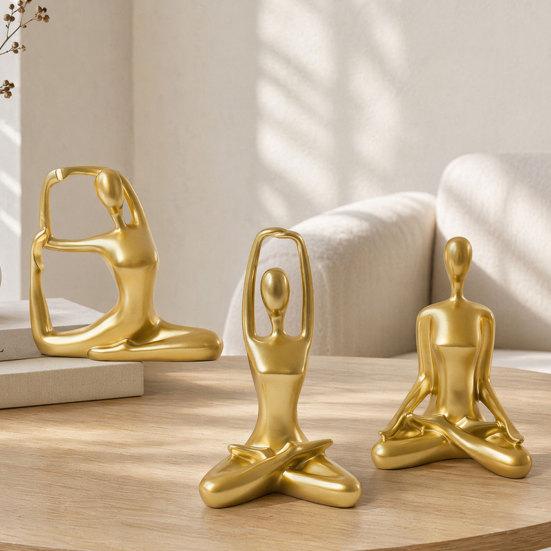 jijijing 3Pcs Abstract Yoga Figure Sculpture Set, Hollow Dancer with Glossy Gold Matte Silver Black Nude Finish, Modern Desktop Decor for Bedroom