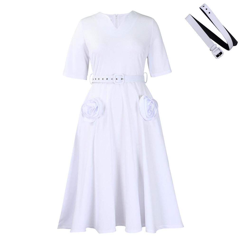 Elegantes A-Linien-Kleid mit V-Ausschnitt für Damen - Sommer 2025 Mode, Übergröße, Kurzarm, Taillenschlankmachend, Europäischer & Amerikanischer Stil