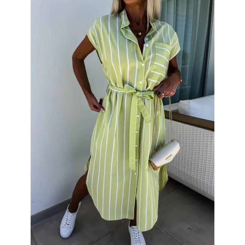 JKASHDK Damenmode Sommer Frühling Streifendruck Kurzarm POLO Ausschnitt Hohe Taille Freizeitkleider