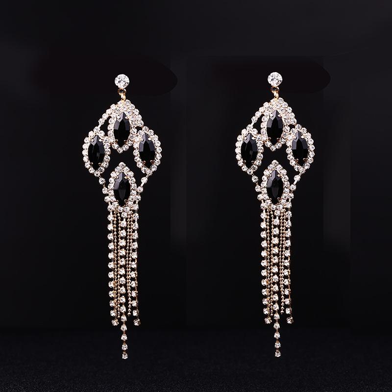 New Earrings Trendy Fashion Crystal Tassel Listed Black Women's Street Racket Party Stud E070