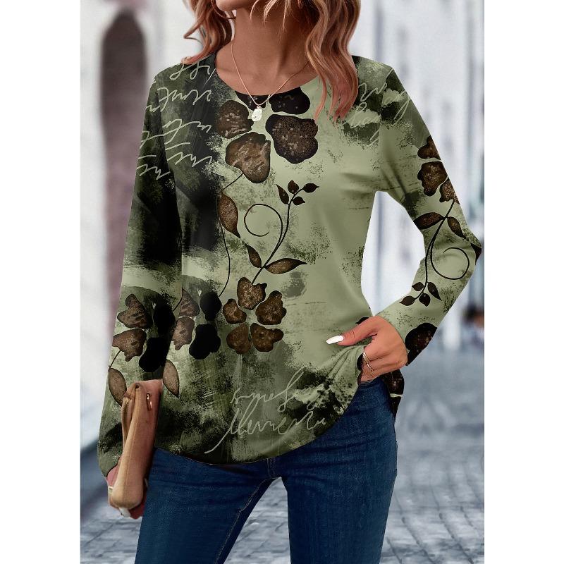 Autumn Women's T Shirt 3D Print Floral Leaf Design Long Sleeve Daily Weekend Fashion Round Neck Clothing Top