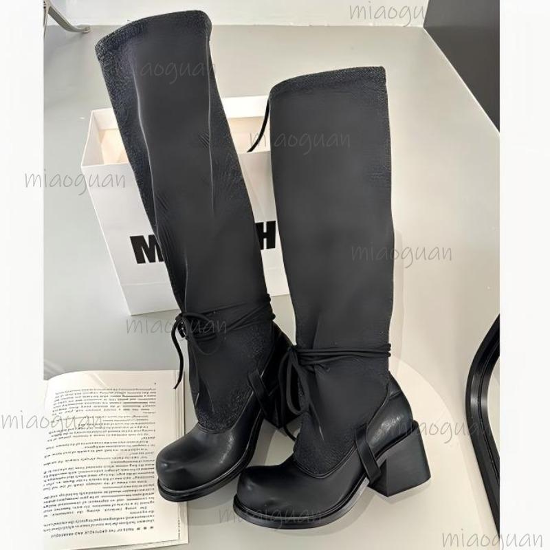 

Fashion Design Women Autumn New Vintage Lace Up Pleated Long Boots Chunky Heel Plus Size 35-42 Knee-High Bottes Femmes 42