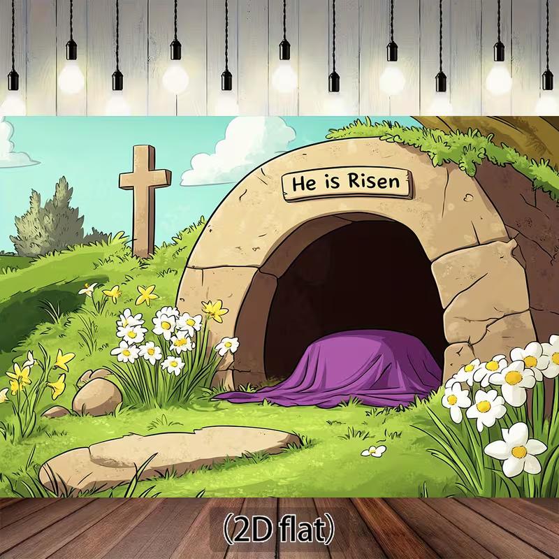 

2D He is Risen Easter Backdrop with Cartoon Empty Tomb, Wooden Cross, Spring Flowers and Green Hills 47.2x31.5inch/120*80cm