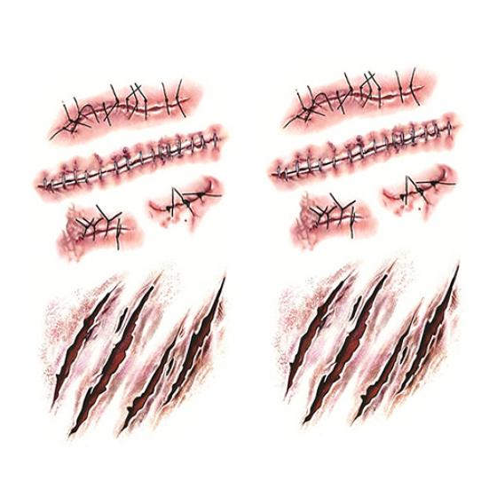2Pcs Temporary Tattoo Sticker Halloween Terror Realistic Fake Blood Injury Scar