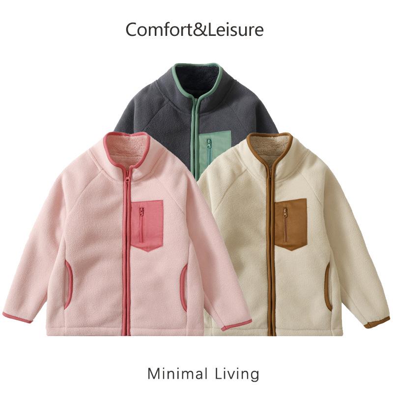 Unisex Kids Color Block Polar Fleece Thickened Casual Children Jacket Outerwear
