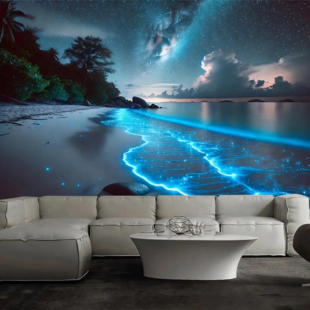 Fluorescent Beach Night Scene, Aesthetic Tapestry, Multi-Purpose Holiday Decor, Bedroom, Office, Living Room Home Decor