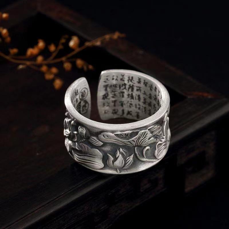 Lotus Leaf Heart Sutra Ring for Men and Women Open Retro Trendy Lotus Ring Wide Face