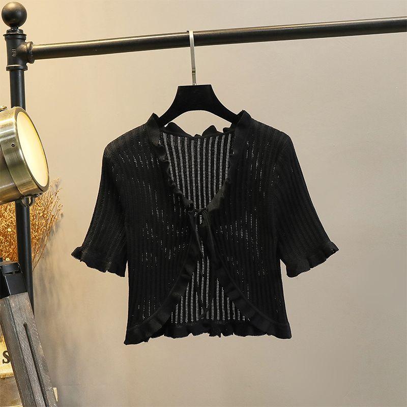 

Coat for Women Thin Hollow Slim Looking Ice Silk Knitted Cardigan Black -828 2XL