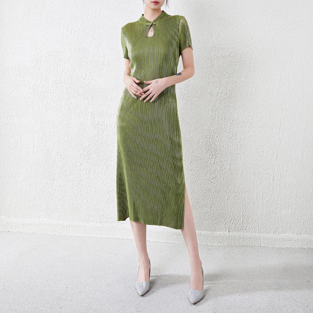 New Chinese Style Cheongsam Dress: Women's Pleated Summer A-Line, French-Inspired, Waist-Slimming Long Dress